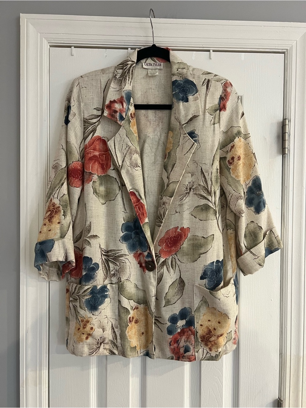 Laura Tyler Vintage Grandmacore Cottagecore Cream Floral Linen-Blend Blazer